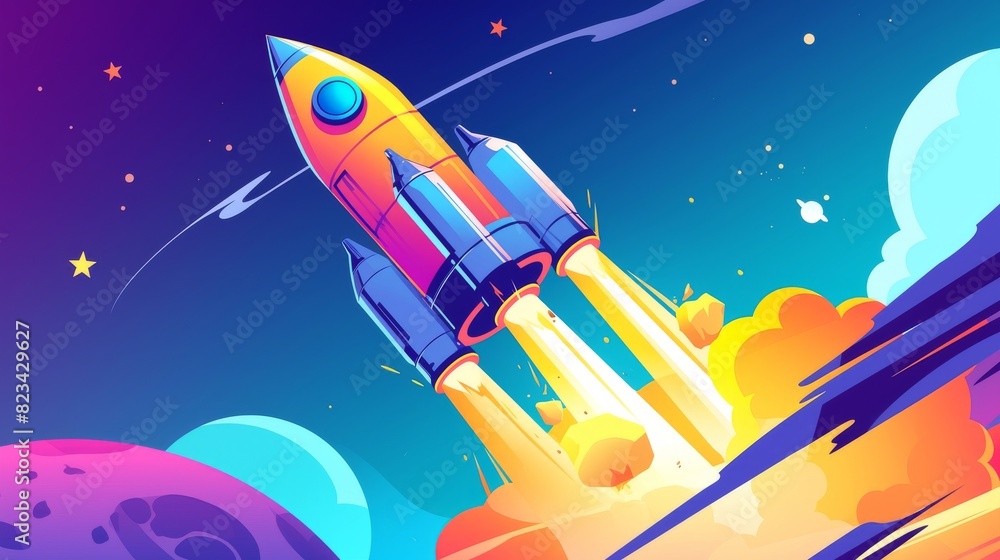 Aufkleber rocket launch in space. cartoon spaceship on planet. the speed of a galaxy ship with a flame and smo