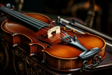 Fototapeta premium Close-up shot of a violin with detailed craftsmanship, resting on an ornate wooden table