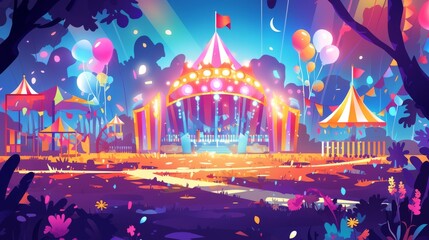The entrance to a night carnival park with a circus amusement illustration. A fun, childish, cartoon theme design with neon lighting. A weekend fairground with balloons and attractions.