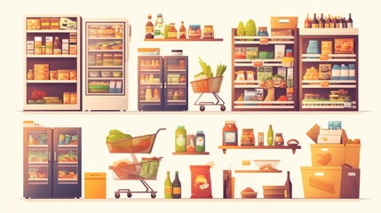 Furniture and equipment in supermarkets - products in refrigerators, vegetables in racks, carts and baskets, scales for weighing food. Cartoon modern set.
