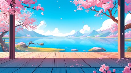A Japanese garden from a wooden terrace. Cartoon spring modern illustration of pink sakura flowering trees on blue lake shores at the foot of high rocky mountains.