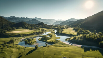 panoramic landscape of lake in the green meadow surrounded by mountains and pine forest in the sunny day of summer.