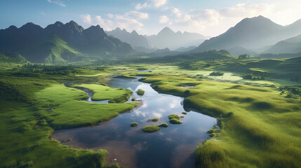 panoramic landscape of lake in the green meadow surrounded by mountains and pine forest in the sunny day of summer.