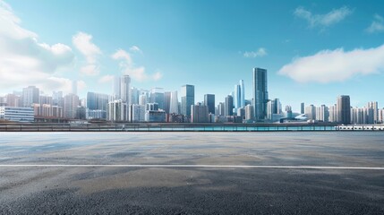 Panoramic empty asphalt road with buildings skyline against blue sky background. Generated AI image