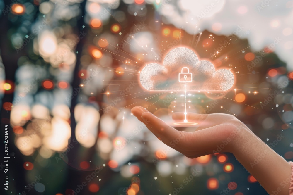Poster hand holding a glowing cloud with a padlock, symbolizing secure cloud data storage and advanced cybe