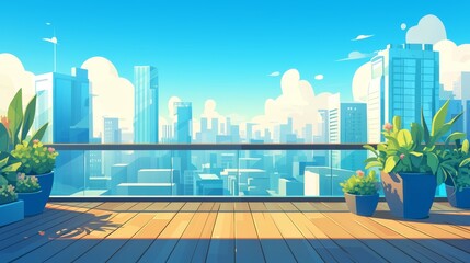 A view of the city from a rooftop terrace. Cartoon modern illustration of a wooden floored balcony and transparent glass railings with a view of a skyscraper in downtown.