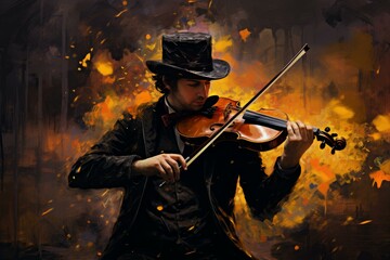 Fototapeta premium Mysterious musician plays the violin amidst vibrant flames, evoking passion and drama