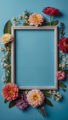 Frame of spring flowers on blue backdrop in a flat lay mockup with space for text