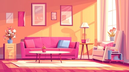 Modern illustration of pink living room furniture. Modern house lounge with couch, armchair, lamp, round table, scandinavian picture in vase, and flower in vase. Living room indoor clipart.