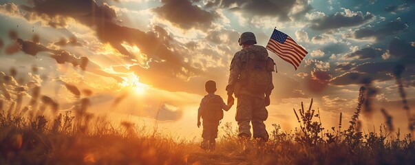 Heartwarming scene of a soldier returning home to his young son, the American flag overlay serving as a reminder of their shared pride and dedication to the nation on July 4th.