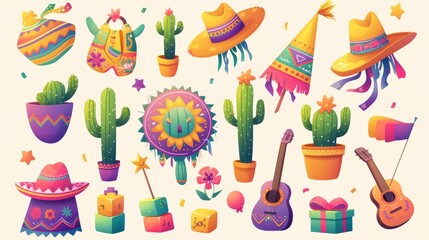 An icon of a Mexican pinata for a birthday party. An isolated graphic of a Mexican cinco carnival game for kids. Accessories set with cactus, sombrero, cube, star, and guitar.