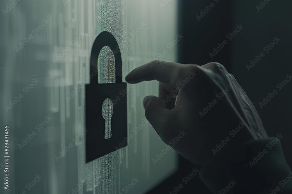 Poster hand touching a digital padlock on a dark background, emphasizing online security and encrypted data