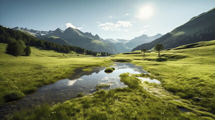 panoramic landscape of lake in the green meadow surrounded by mountains and pine forest in the sunny day of summer.