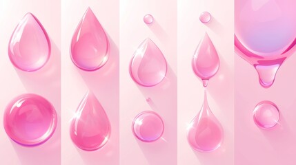Gel pink drop. Water droplets or liquid jelly serum background. Vitamin soap drip ball. Raspberry lotion or shampoo cosmetic product with bubbles on surface.