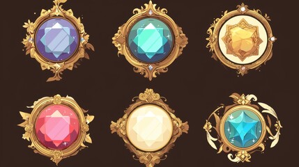 Set of medieval game frames isolated on white background. Modern cartoon illustration of gold and silver metal avatar decorations ornamented with color crystal gem stones.