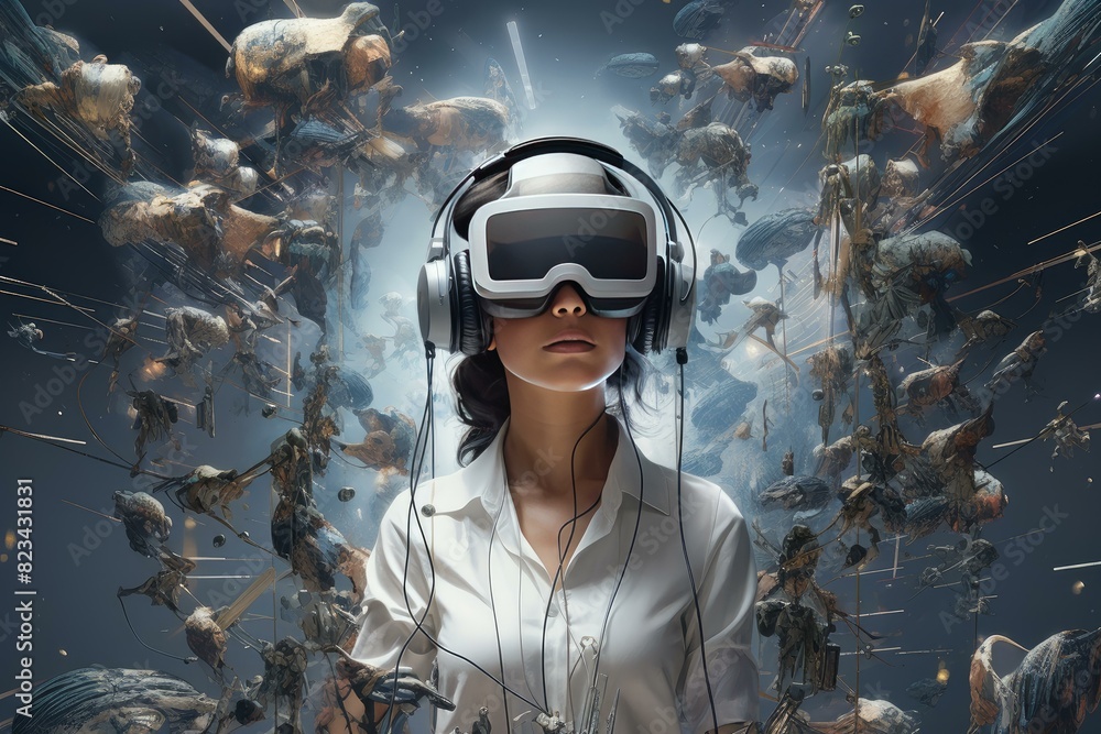 Poster experience a futuristic virtual reality simulation with a woman wearing a vr headset, exploring oute