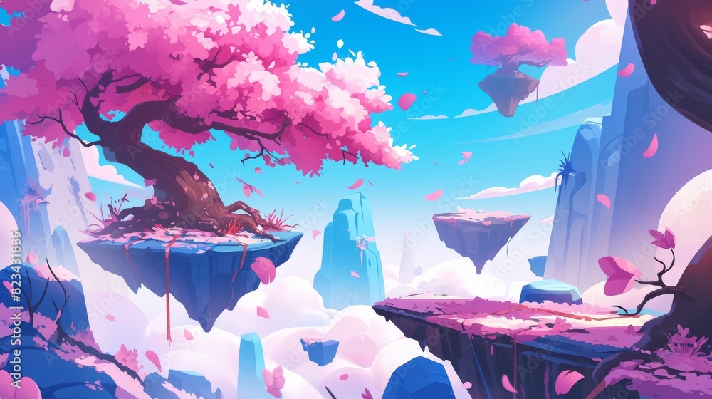 Aufkleber the pink forest game background features floating platforms, sakura trees with colorful petals and p