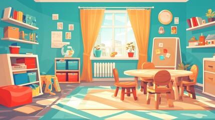 Classroom for pre-school child cartoon. Nursery playroom interior with toy, table and chair. Illustration of Montessori daycare activity background.