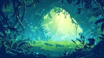 Fantasy forest landscape and fantasy tree cave view cartoon background. Dark nature environment scene in jungle wood gardens. Mysterious fairytale scenery for wild adventures.