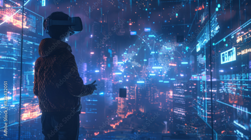 Poster exploring the metaverse, a person engages with a dynamic virtual world powered by blockchain technol