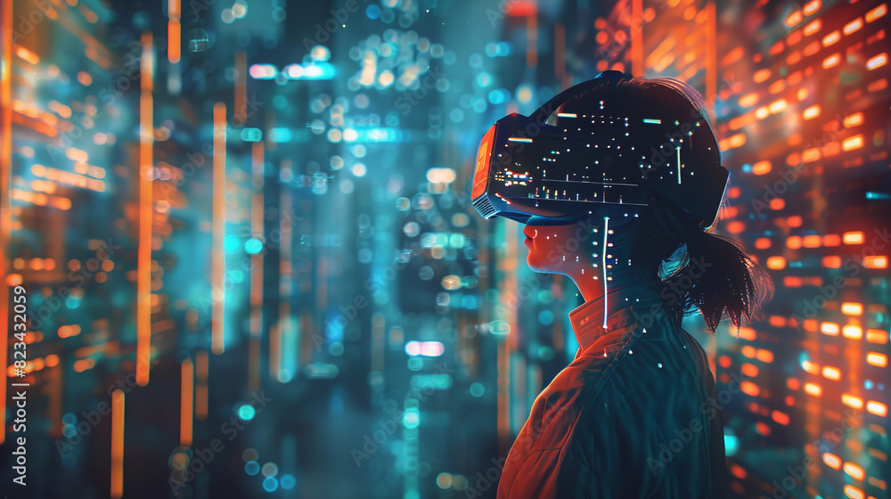 Poster exploring the metaverse, a person engages with a dynamic virtual world powered by blockchain technol