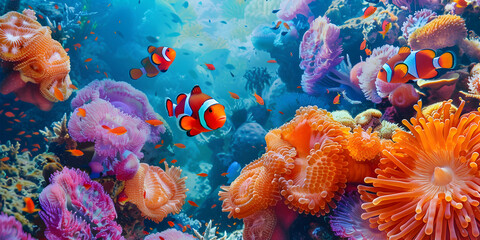 Underwater view of tropical coral reef with fishes and corals Panoramic view of  Animals of the sea world Ecosystem Colorful tropical this iconic pop culture reference features striped arrangement.