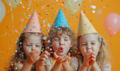 three girl children with party hats, confetti and balloons blowing up