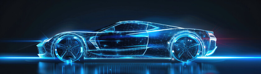 Futuristic sports car hologram concept on dark background