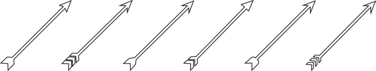 Vintage monochrome arrows set with feathers isolated on transparent background. Hand drawn design element template for emblem, print, cover, poster Mobile App, UI, UX. Vector, Arrow flat symbol.