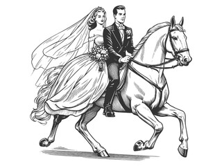 bride and groom in traditional wedding attire riding a horse romantic moment sketch engraving generative ai fictional character vector illustration. Scratch board imitation. Black and white image.