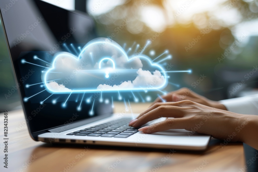 Poster hand interacting with a glowing cloud padlock on a laptop, representing secure cloud storage and dat