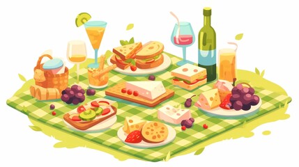 Food on picnic blanket isolated on white background. Modern cartoon illustration of fruit, sandwich, cocktail glasses, wine bottle, cheese on green checkered mat, outdoor dinner design element.