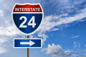 Red and blue road sign for interstate 24 highway