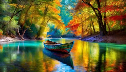 A boat in river under green forest shelter with autumn colors of trees
