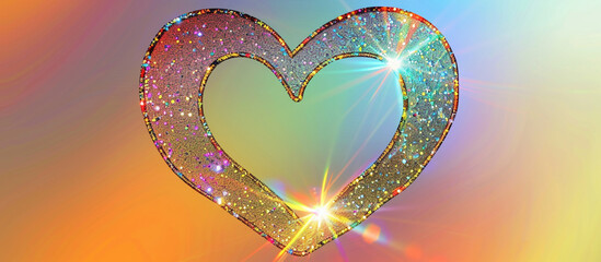 A heart symbol outlined with rainbow-colored glitter, sparkling under light, against a gradient background that transitions through rainbow hues.
