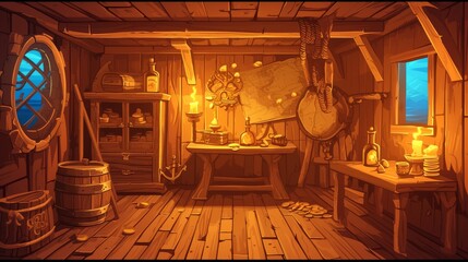 A pirate's cabin inside at night with treasure on board. An old wooden boat deck room with a captain's table, chest, and rum bottle for the Corsair adventure game environment. A buccaneer's antique