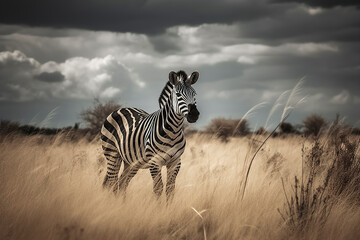 Naklejka premium A zebra stands in golden grass under a cloudy sky, embodying tranquility and the beauty of the natural world