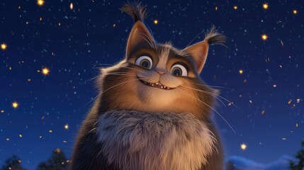 A  fluffy cat carton with cute smile and big open eyes beautiful cute cat on fairy tale full glowing stars background 
