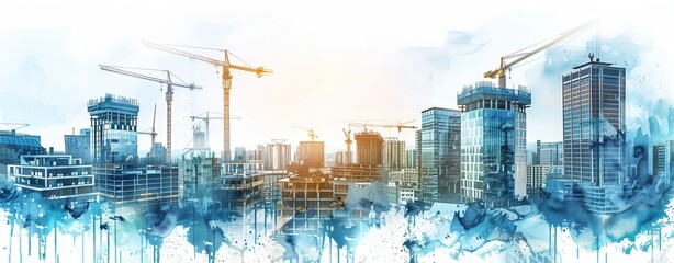 Illustration of a construction site with cranes and workers building a modern glass office tower in a city