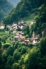 A scenic village on a steep hillside, with traditional houses amid lush greenery, exuding tranquility and natural charm