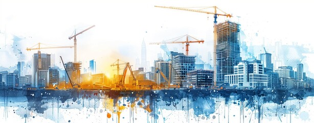 Illustration of a construction site with cranes and workers building a modern glass office tower in a city, on a white background, with a blue color palette