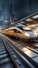 High-Speed Train Racing Through a Modern Cityscape at Dusk with Blurred Motion Effect