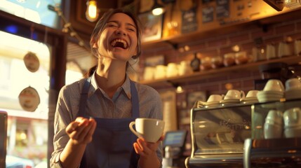 Laughing Barista Holding Coffee Cup