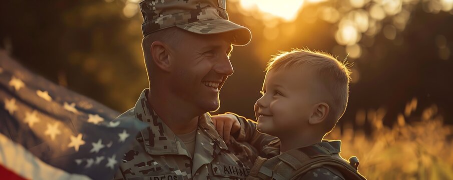 Touching moment captured as a soldier shares a smile with his young son, both wearing the American flag overlay, embodying the spirit of resilience and unity on Independence Day. - Powered by Adobe