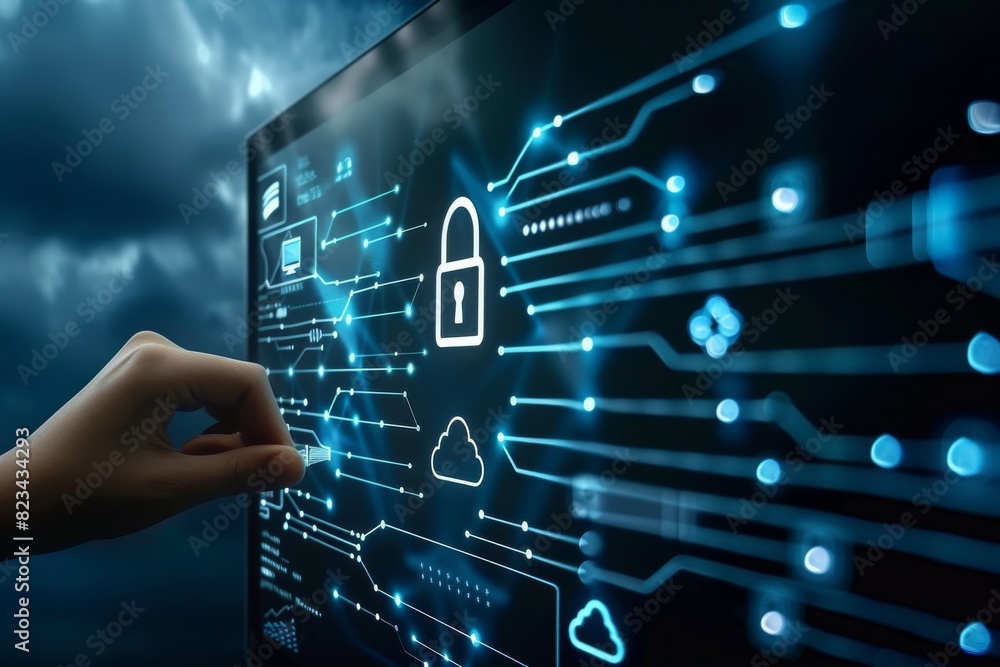 Poster hand interacting with a digital padlock on a dark background, emphasizing online security and encryp