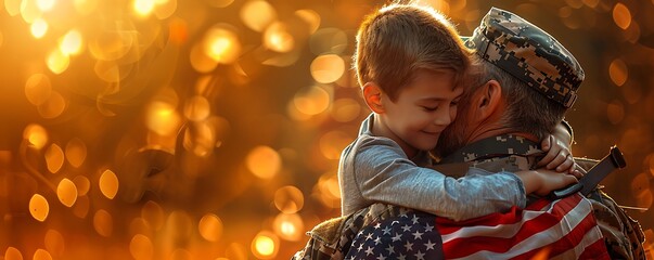 Heartwarming embrace between a soldier and his son, the American flag overlay serving as a symbol of their family's sacrifice and dedication to the nation on July 4th.