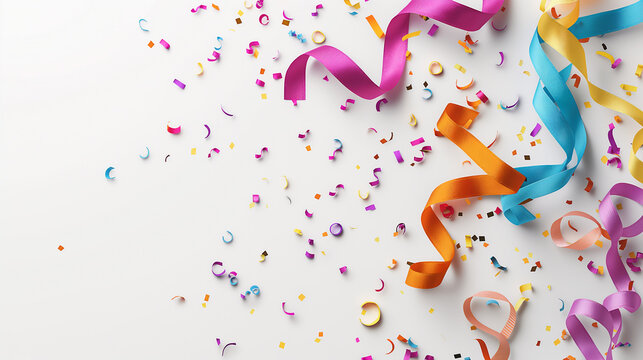 Colorful confetti and ribbons on white background Birthday party celebration holiday concept Flat lay top view