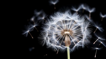 Fototapeta premium Close-up of a dandelion seed head with seeds blowing in the wind against a black background.