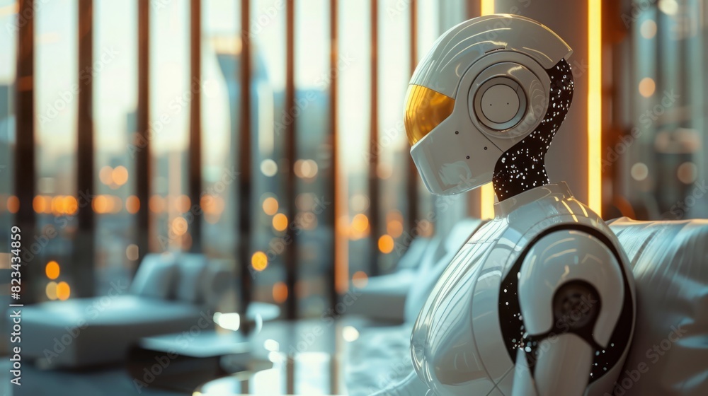 Poster a robot is seated in front of a window, its metallic body reflecting the light. the scene depicts a 