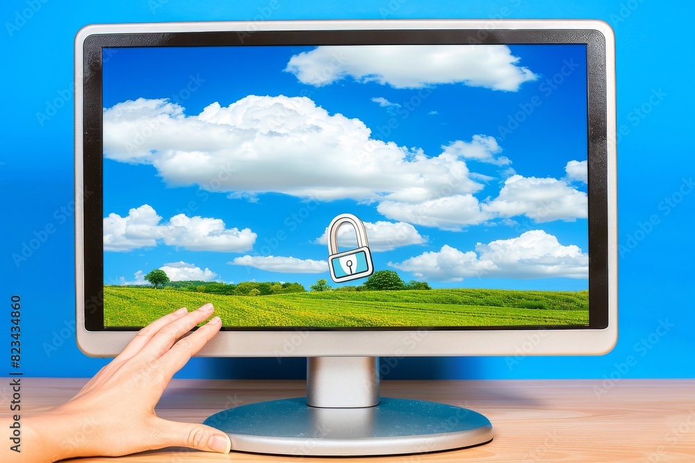 Poster digital security concept with a monitor showing a padlock on a grassy landscape background, symboliz